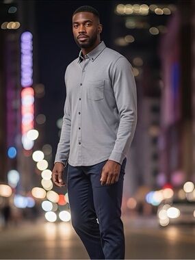 Fabletics Men’s Gray Button-Up Shirt M Long Sleeve Casual Performance Stretch